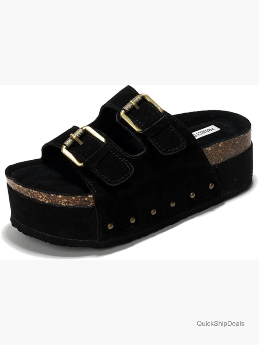 Genuine Leather Black Suede Platform Sandals Memory Sole and adjustable Buckles